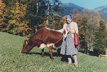 Lina Schweighofer mit Strickzeug und weidender Kuh an der Leine 1984, Foto Anni Ringer