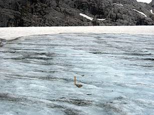 Holzpegel auf dem Gosaugletscher im Juni 2008